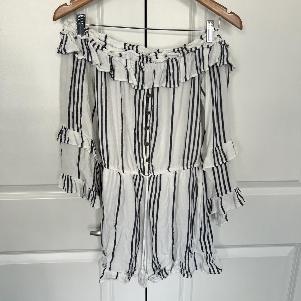 American Eagle Romper striped off shoulder ruffles cinched waist 3/4 sleeves